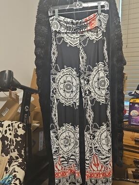 Wide-Leg Black & White Printed Palazzo Pants with Red Accent